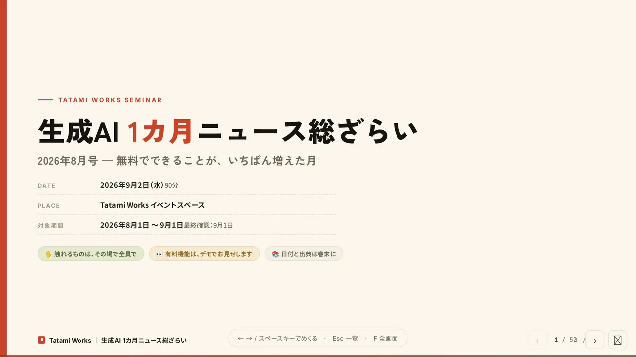 生成AI 1カ月ニュース総ざらいの表紙スライド